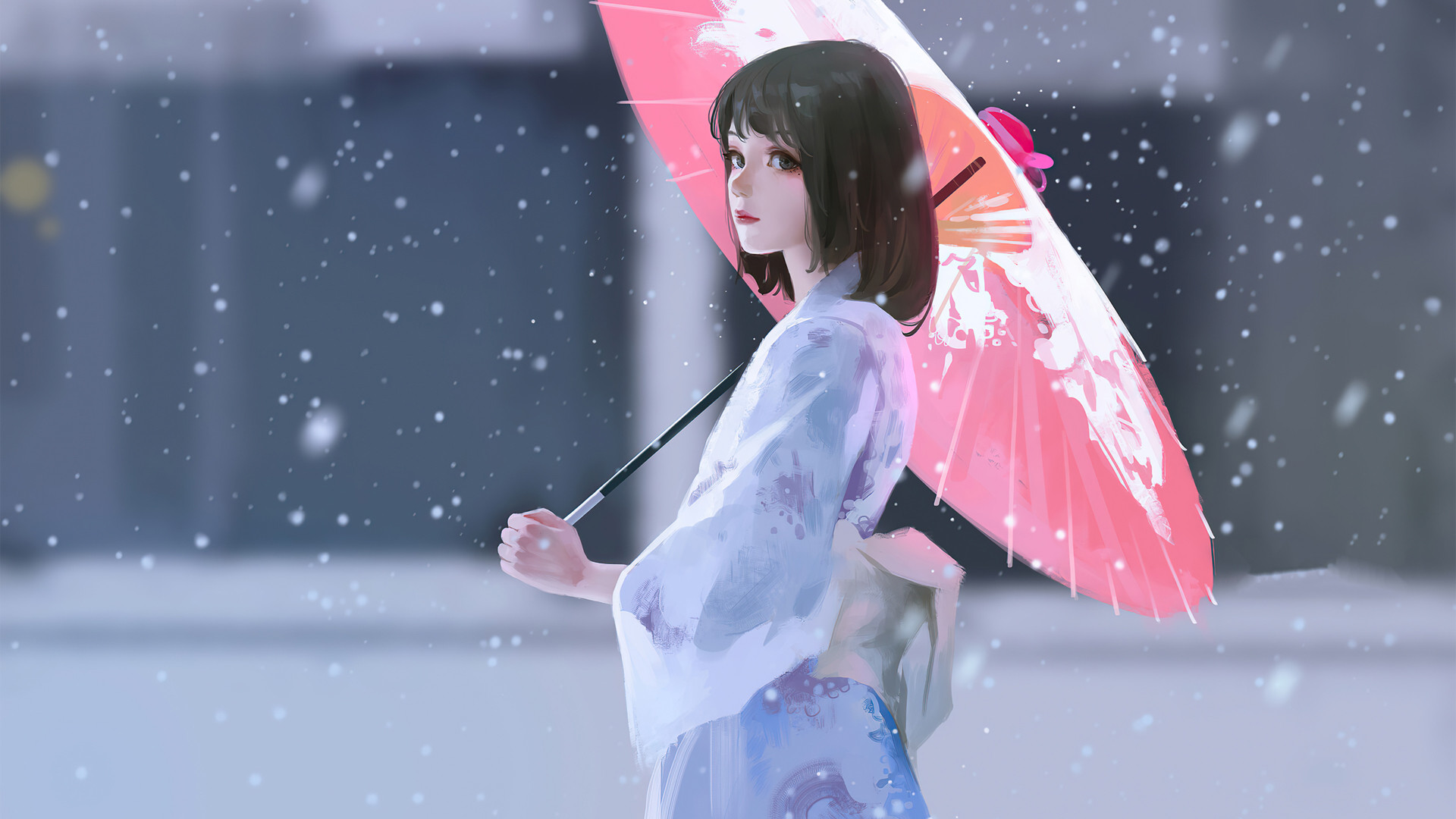 雨雪天-撑伞的女孩和服动漫图片壁纸