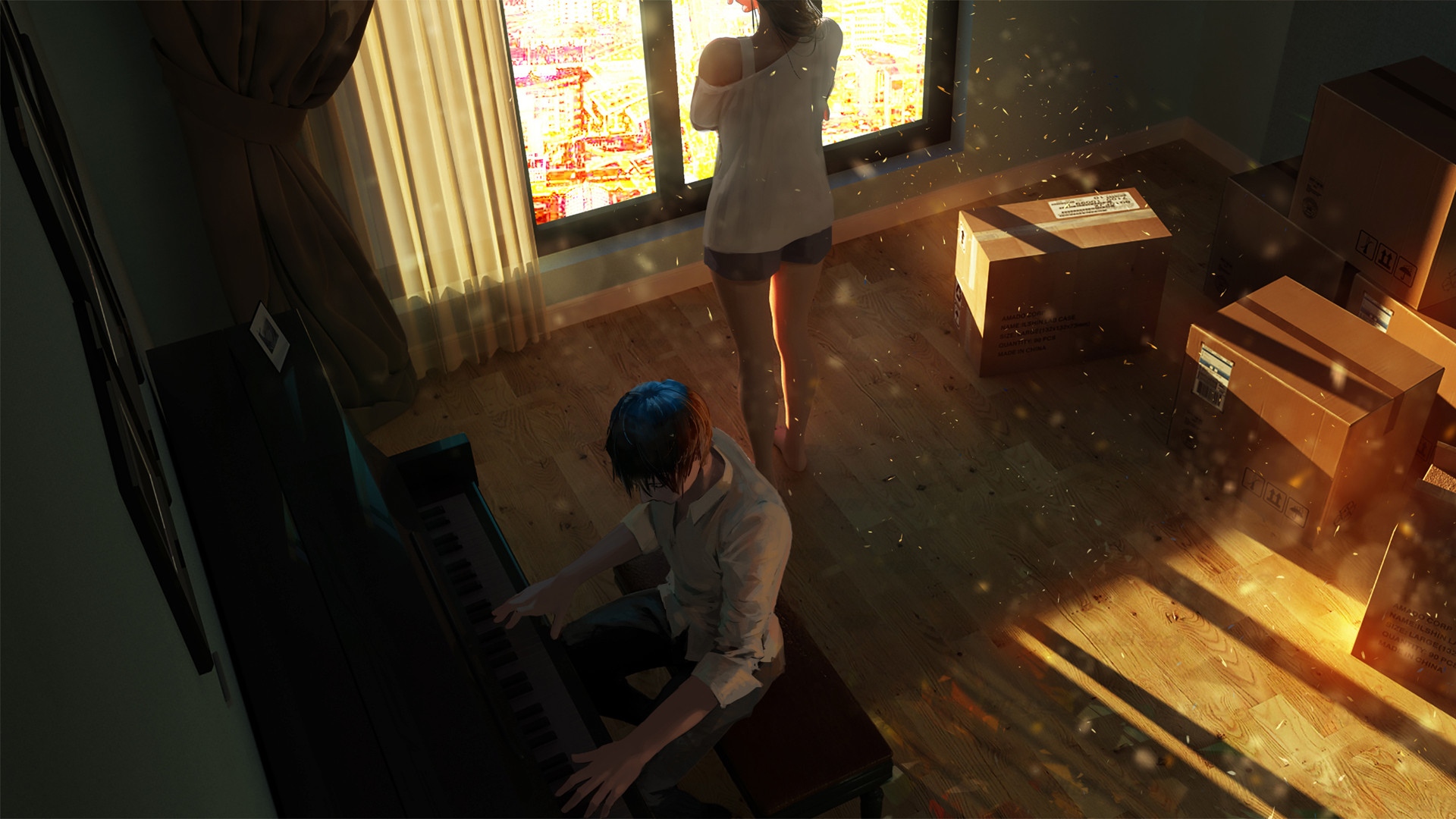 房间里男孩弹钢琴 女孩唯美背影图片